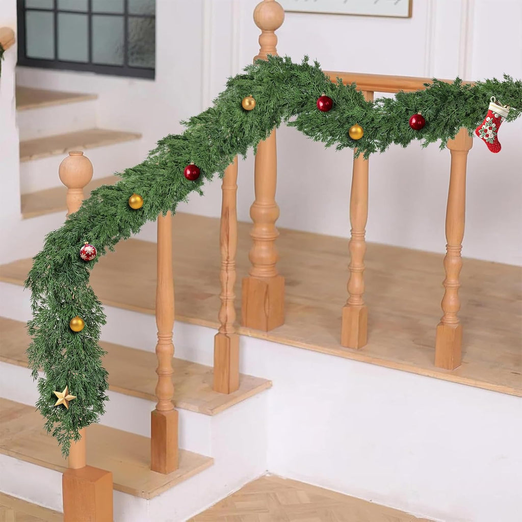 16ft Christmas Cedar Garland, Real Touch Pine Garland, Realistic Cypress Garlands Christmas Decorations for Mantel, Table, Stairs, Porch - Indoor Outdoor Xmas Holiday Decor