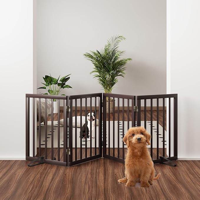 Freestanding Dog Gate Folding Brown Dog Gates for The House Doorways Stairs Pet Gates for Dogs, Doogie Puppy Fence Gate-PawvioPets