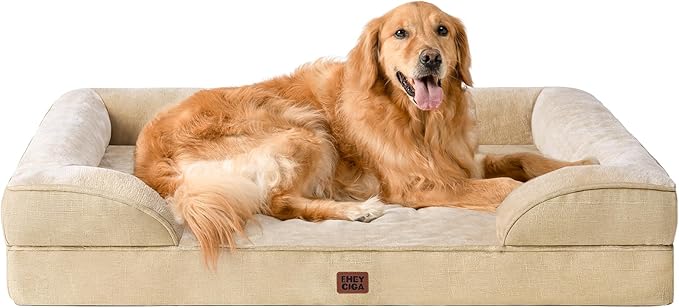 EHEYCIGA Orthopedic Dog Beds for Extra Large Dogs, Waterproof Memory Foam XL Pet Bed with Sides, Non-Slip Bottom and Egg-Crate Foam Big Dog Couch Bed with Washable Removable Cover, Greige-PawvioPets