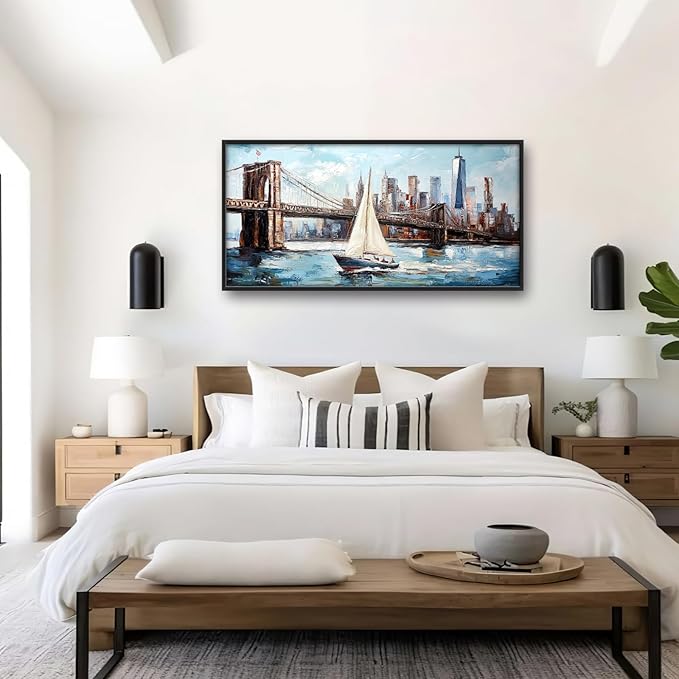 Extra Large Sailboat Framed Wall Art for Living Room,Oversized New York Brooklyn Bridge Pictures Wall Decor,Cityscape Canvas Print Painting Modern Artwork Bedroom Office Bathroom 60L" x 30W"-PawvioPets