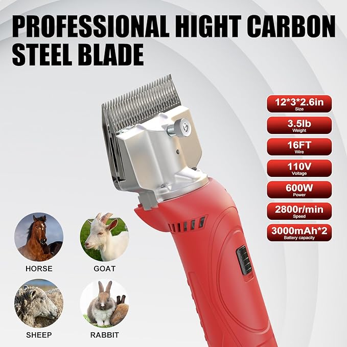 Cordless Horse Clippers,500W Heavy Duty Horse Grooming Clippers with 2 PCS Rechargeable 3000mAH Lithium Battery,6 Speed Professional Horse Grooming Kit for Thick Coat Animals-PawvioPets