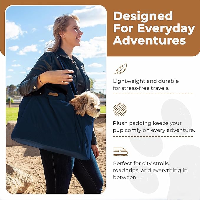 Corduroy Dog Carrier - Lightweight Cotton Soft-Sided Pet Tote with Safety Harness Clip - Breathable Travel Carrier for Small Dogs and Puppies (Dark Blue)-PawvioPets