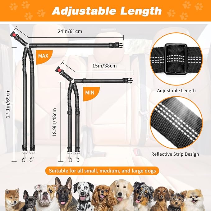 BWOGUE Double Dog Cat Seat Belts, Car Headrest Restraint Adjustable Travel Leash,Safety Elastic Leads Splitter Connect Vehicle Seatbelt Harness for 2 Dogs-PawvioPets