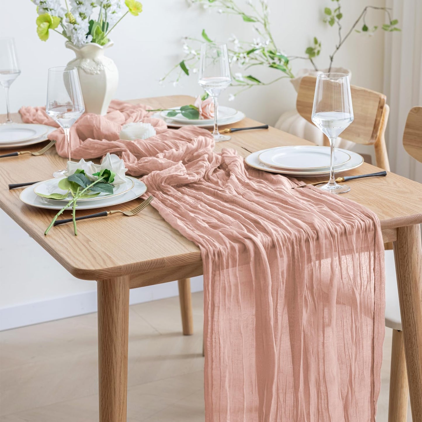 Asee'm 3pcs Cheesecloth Table Runner 120 Inches Dusty Pink Boho Gauze Cheese Cloth Runner 10FT Rustic Sheer Fall Table Runners for Thanksgiving Wedding Baby Shower Holiday Party Decoration