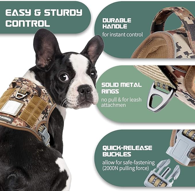 BUMBIN Tactical Dog Harness for Small Dogs No Pull, Famous TIK Tok No Pull Puppy Harness, Fit Smart Reflective Pet Walking Harness for Training, Adjustable Dog Vest Harness with Handle Desert Camo XS-PawvioPets