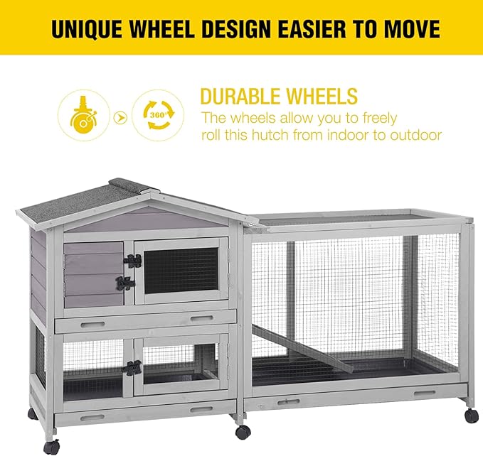 Aivituvin Rabbit Hutch Outdoor Rabbit Cage Indoor with Casters Bunny Cage Chikcen Coop for Small Animals with Pull-Out Tray(Grey)-PawvioPets