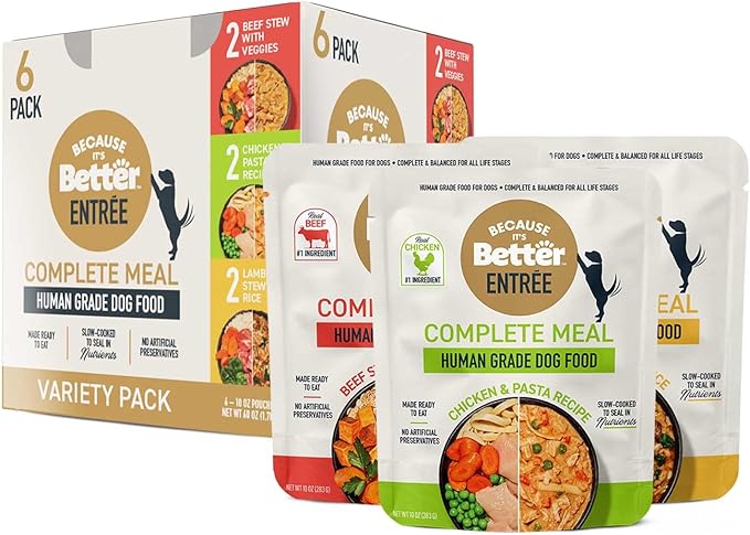 Because it's Better Entrée Complete Meal, Variety Pack, Human Grade Wet Dog Food, 10 oz Pouches, 6 Count-PawvioPets