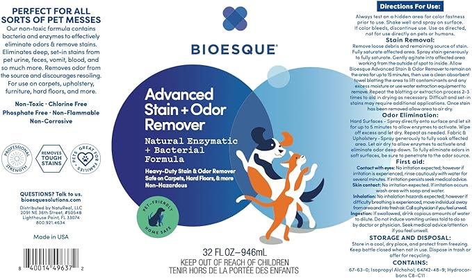Bioesque Advanced Stain + Odor Remover, Pet-Friendly Natural Enzymatic & Bacterial Formula, Heavy-Duty Stain & Odor Remover, Safe on Carpets, Hard Floors, & More, 32 Fl Oz (Pack of 6)-PawvioPets