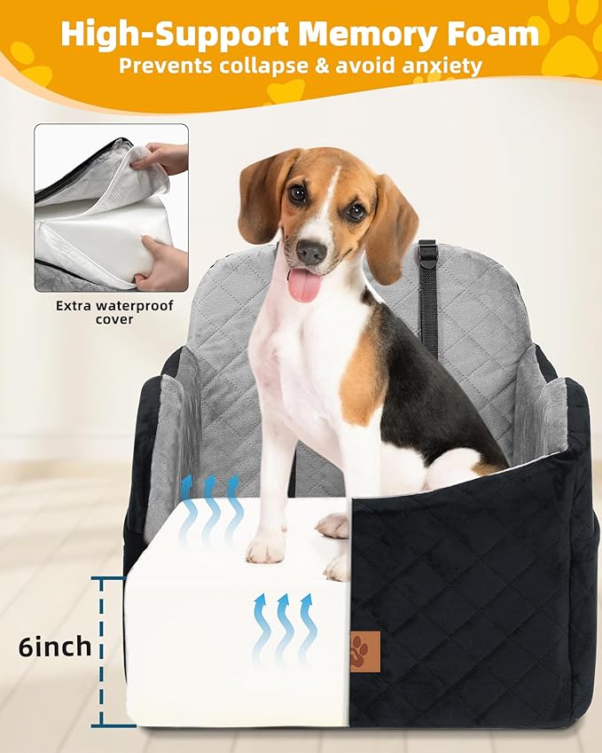 Car Seat Booster for Dog: High-Support Memory Foam Pet Car Seat for Small/Medium Dogs Under 35lbs with Elevated Cushion, Pockets - Detachable Washable Puppy Travel Bed for Driving(Black/Grey)-PawvioPets