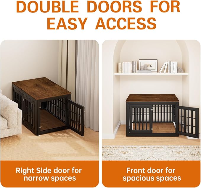 42" Heavy Duty Dog Crate Furniture for Small,Medium and Large Dogs,Rustic Wooden Dog Cage Kennel Indoor Furniture with Waterproof Top,Decorative Pet House Side End Table (Black & Wood)-PawvioPets