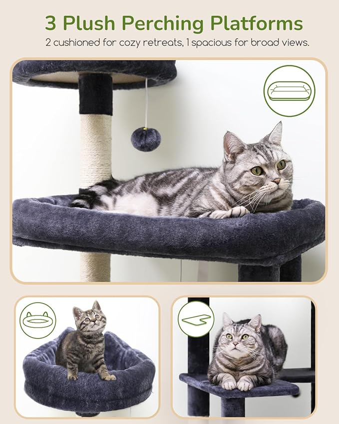 Globlazer Heavy Duty Cat Tree Tower, 73in Tall Cat Tree for Indoor Cats Large Adult, Cat Condo for Large Cats with 5 Scratching Posts, 2 Cat Caves, 2 Padded Perches, 2 Hanging Baskets, F73, Dark Gray-PawvioPets