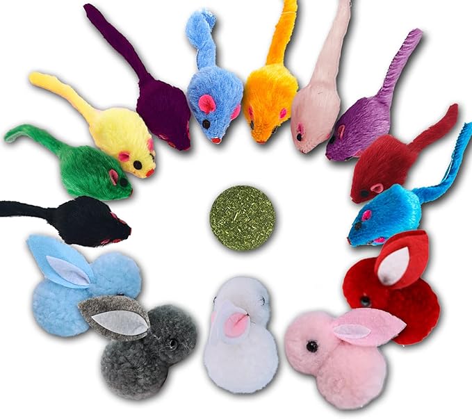 Furry Cat Toys Mice Rattle Interactive Mouse Toy for Indoor Cats Catnip Ball Pet Play Fur Ball Rabbit Assorted Color-PawvioPets