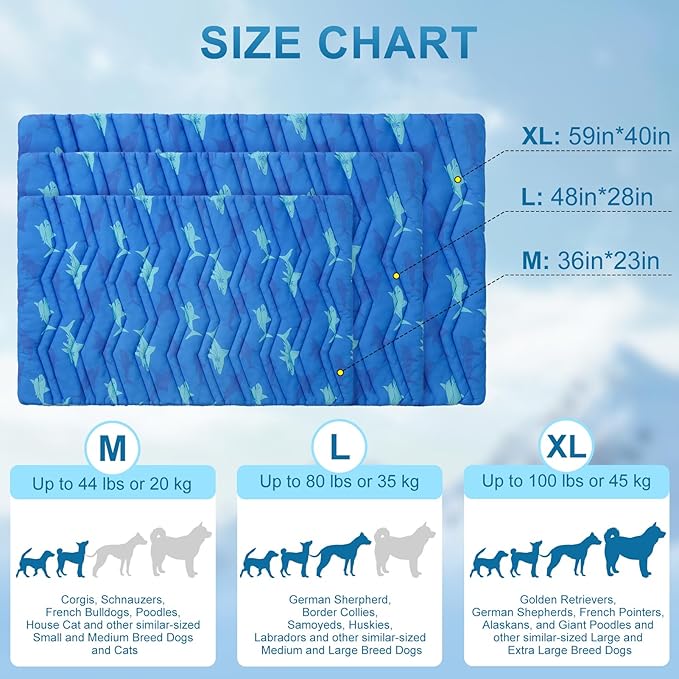 BEAUTYZOO Dog Cooling Mat- Upgraded Thicken Cooling Mat for Large Dogs Reversible(Cool & Warm) Pet Ice Cool Bed Washable & Portable, Summer Crate Pad for Big Dog Puppy Up to 80 lbs, Shark Blue 48X28IN-PawvioPets