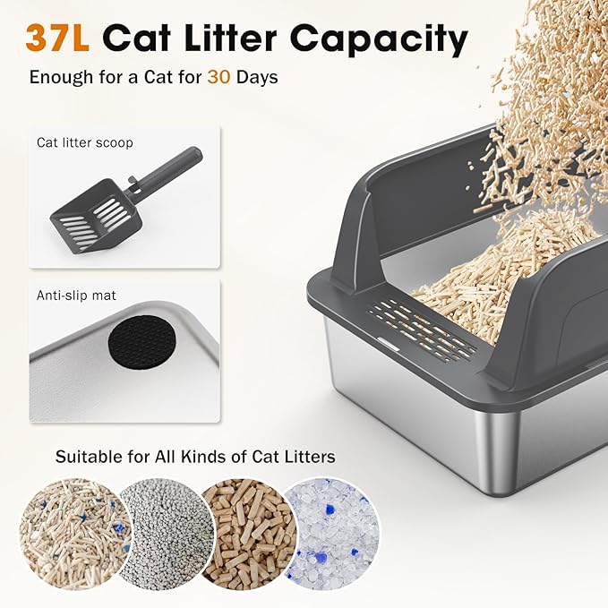 2PACK Stainless Steel Litter Box, Extra Large Litter Boxes for Big Cats, XL Metal Cat Litter Box with Lid High Sides, Anti-Urine Leakage, Non-Sticky, Scoop Included-PawvioPets