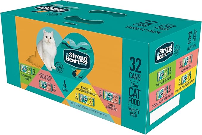 A Strong Heart Canned Wet Cat Food, Dinner Variety Pack - 5.5 oz Cans (Pack of 32), Made in The USA with Real Chicken, Turkey & Salmon-PawvioPets