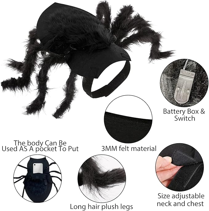 Camlinbo 24 LED Spider Dog Halloween Costume for Small Medium Large Dogs, Furry Giant Spider with Orange Purple Lights Puppy Pet Costume Outfits Clothes Funny Halloween Costume Party Cosplay-PawvioPets