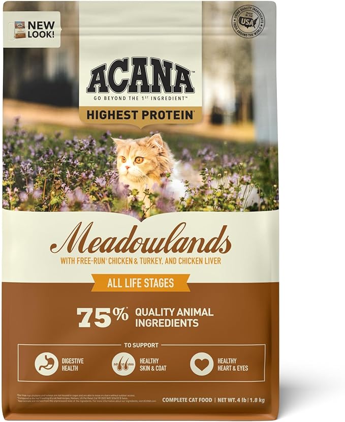 ACANA Highest Protein Meadowlands Grain-Free Dry Cat Food, Free-Run Chicken and Turkey and Chicken Liver Cat Food Recipe, 4lb-PawvioPets