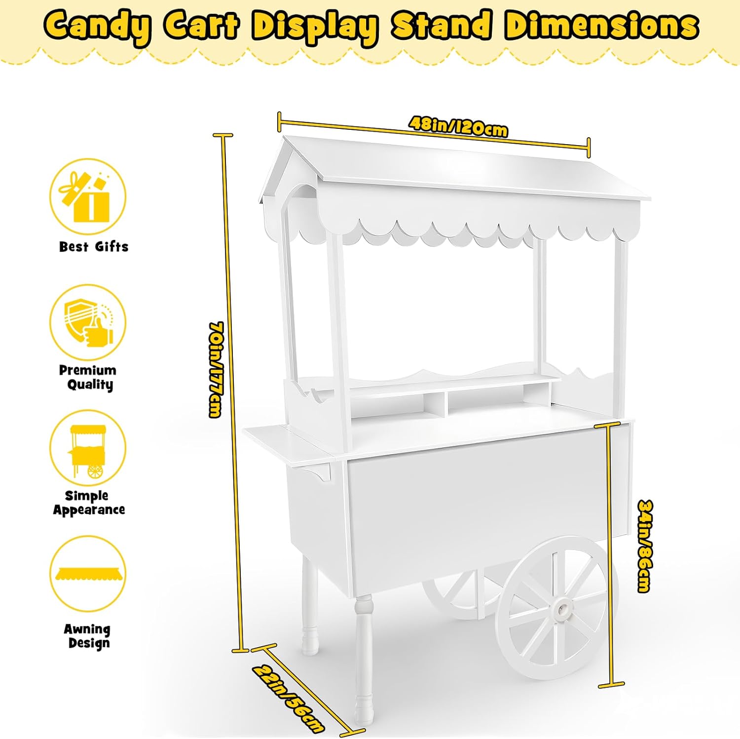 7FT Candy Cart Display Stand with Decorated Wheels, Dessert and Party Decoration Cart with 100 Ballons, Easy to Install Vintage for Parties, Birthdays, Weddings, (White)