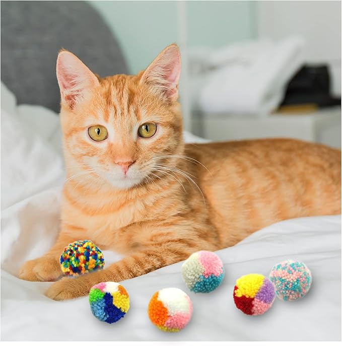 Andiker 6 Pcs Assorted Color Cat Ball Toys, Woolen Yarn Puffs Cat Pom Pom Balls Interactive Kitten Chasing Toys-PawvioPets