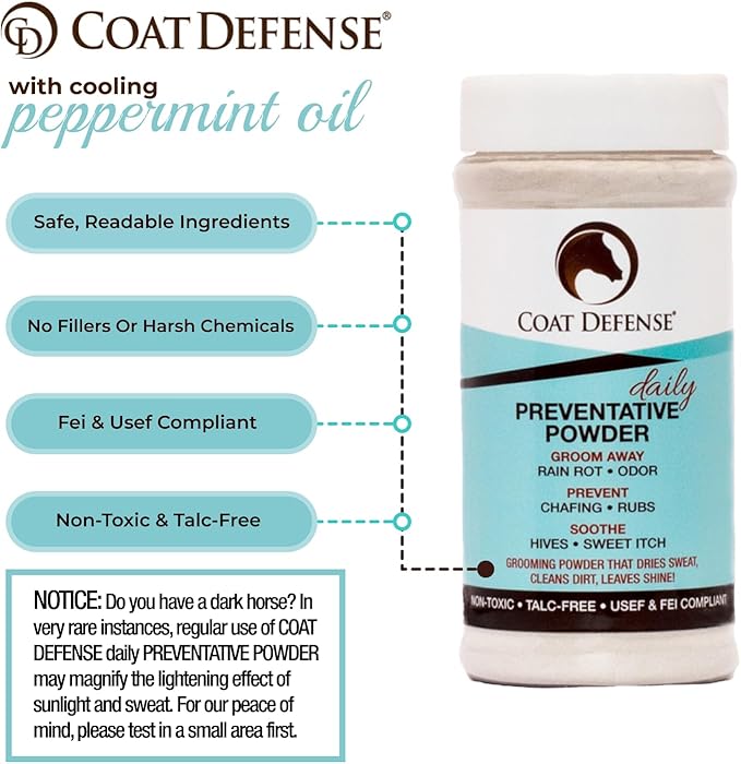 COAT DEFENSE Daily Preventative Powder for Horses - Safe & Effective Equine Skin Conditioner Sweet Itch, Skin Funk, & Rain Rot - Dry Horse Shampoo, 16 oz Formula with All Natural Ingredients-PawvioPets