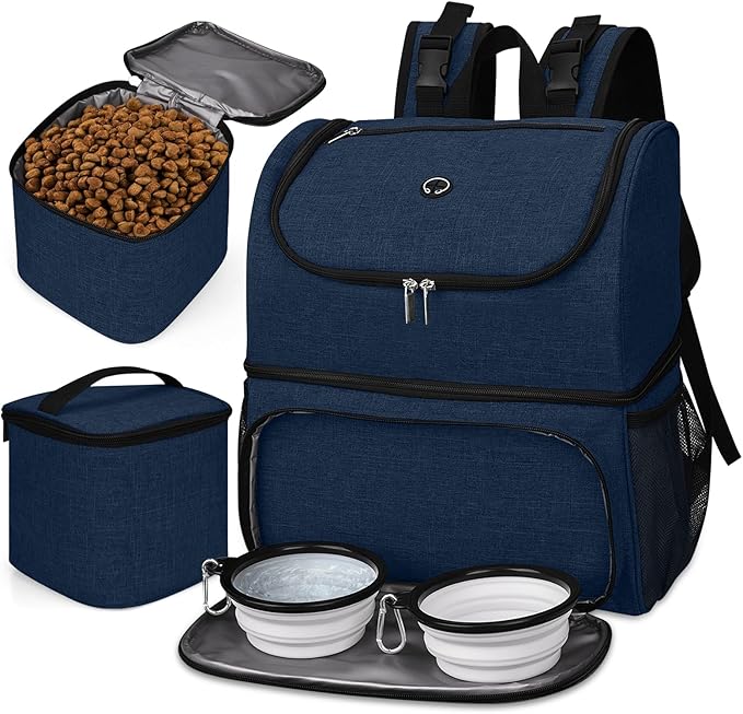 BAGLHER Pet Travel Bag, Double-Layer Pet Supplies Backpack (for All Pet Travel Supplies), Pet Travel Backpack with 2 Silicone Collapsible Bowls and 2 Food Baskets Dark Blue-PawvioPets