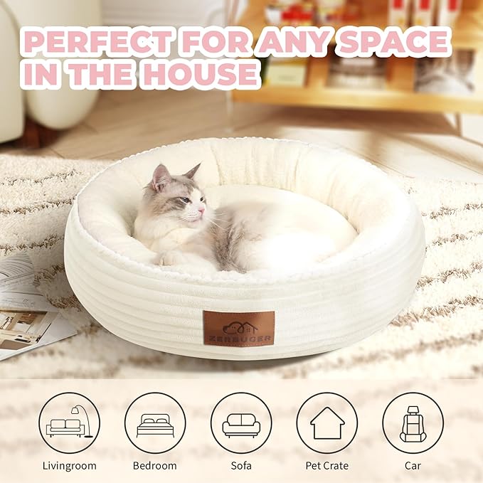 20in Cream Round Cat Dog Bed Gift for Large Medium Small Dogs Cats, Machine Washable Sleeping Sofa, Non-Slip Bottom Breathable Soft Calming Pet Cuddler for Indoor/Outdoor/Car/Cage-PawvioPets