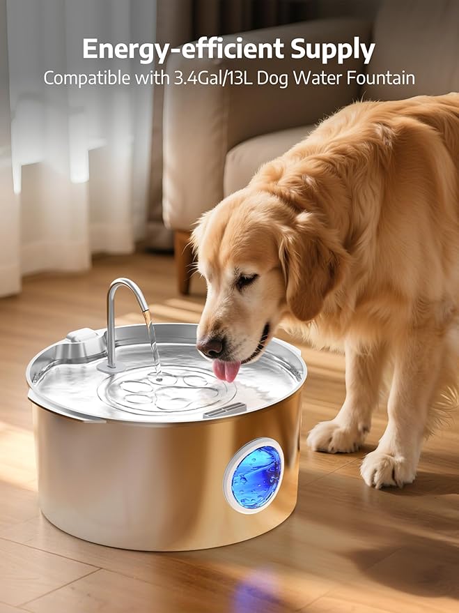 3.4Gal Dog Water Fountain for Large Dogs, Extra Large Stainless Steel Pet Water Fountain, Round Dog Water Bowl Dispenser with Metal Handle, Water Level Window for Multi Pet Home(Water Pump)-PawvioPets