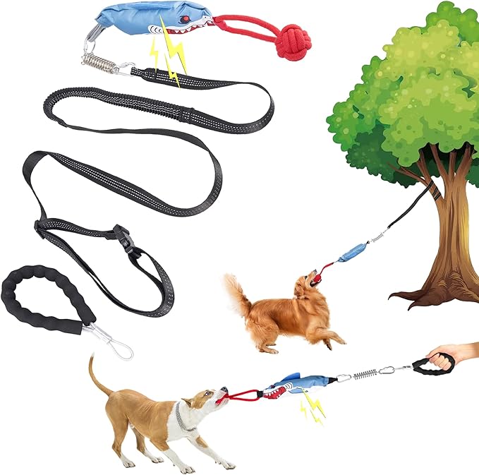 Dog Tree Tug of War Toy with Handles,Tethered Tug of War Outdoor Toy with Squeaky Self Play for Aggressive Chewers, Durable Bungee Cord with Chew Ball-PawvioPets