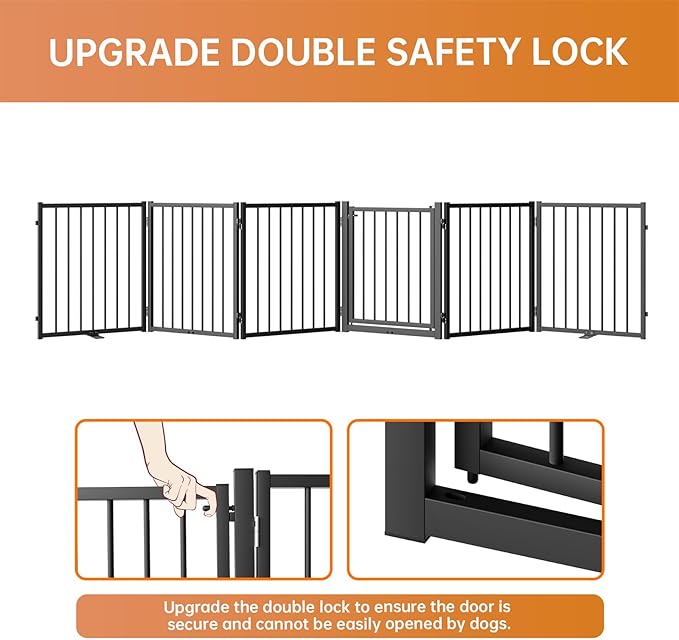 Full Metal Freestanding Dog Gate with Door, 24'' Height Foldable Pet Dog Fence for Indoor & Outdoor, 6 Panels Extra Wide Free Standing SmallDog Gates for Doorways,House,Stairs,Porch,Deck,Yard-PawvioPets