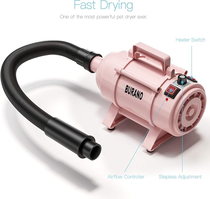 Burano Dog Dryer, High Velocity Pet Hair Dryer, 4.3HP Stepless Adjustable Speed Dog Hair Force Dryer for Dogs, Cats & More, Powerful Pet Blower with Heater-PawvioPets