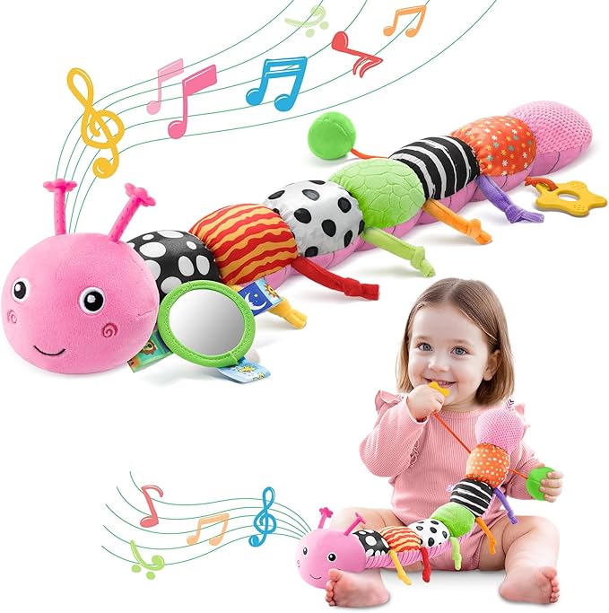 Baby Toys 0-6-12 Months,Musical Caterpillar Stuffed Animals Activity Infant Toys with Crinkle,Rattles,Mirror&Pull String,Muti-Sensory Toys Gifts for Newborn Tummy Time,Pink,Knot prolegs-PawvioPets