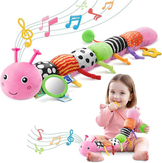 Baby Toys 0-6-12 Months,Musical Caterpillar Stuffed Animals Activity Infant Toys with Crinkle,Rattles,Mirror&Pull String,Muti-Sensory Toys Gifts for Newborn Tummy Time,Pink,Knot prolegs-PawvioPets
