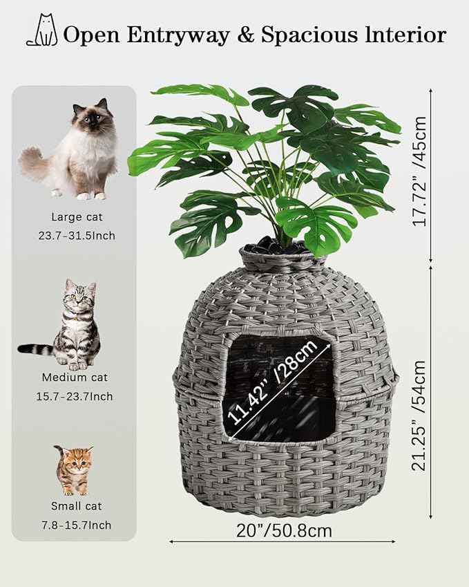 Cat Litter Box Plant Enclosure, Hidden Handwoven Rattan with Cat Litter Box Furniture and Artificial Plants, Odor Control Filter, Real Stones in Living Room, Bedroom, Corner (Gray)-PawvioPets