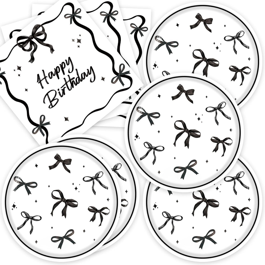 40pcs Black Bow Birthday Decorations Sophisticated Coquette Birthday Supplies,Black Bow Plates and Napkins,Suitable for 20 Guests