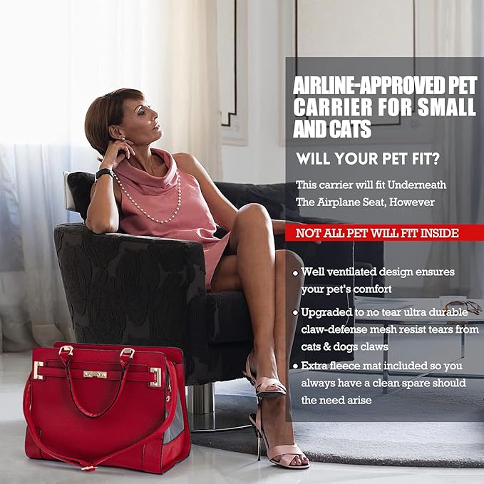 Fashion Pet Carrier Dog Cat Carrier Purse Soft-Sided Leather Handbag Pet Tote Bag for Small Dogs Puppy and Cats TSA Airline Approved (Red)-PawvioPets