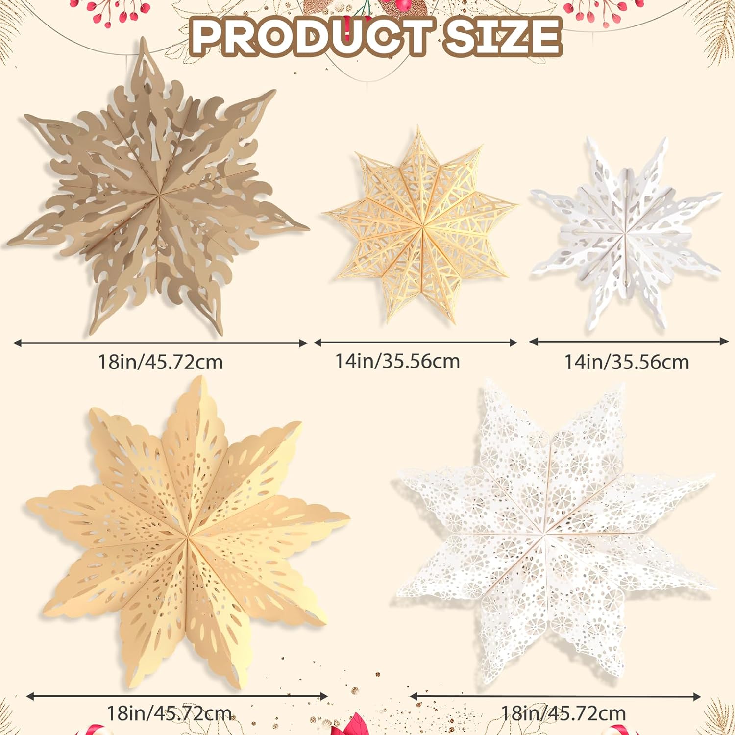 5Pcs Christmas Paper Snowflake Lanterns, Large Christmas Paper Star Lanterns with LED Lights White Beige Khaki Hanging Snowflake Lamps for Xmas Winter Frozen Wedding Birthday Holiday Party Decorations