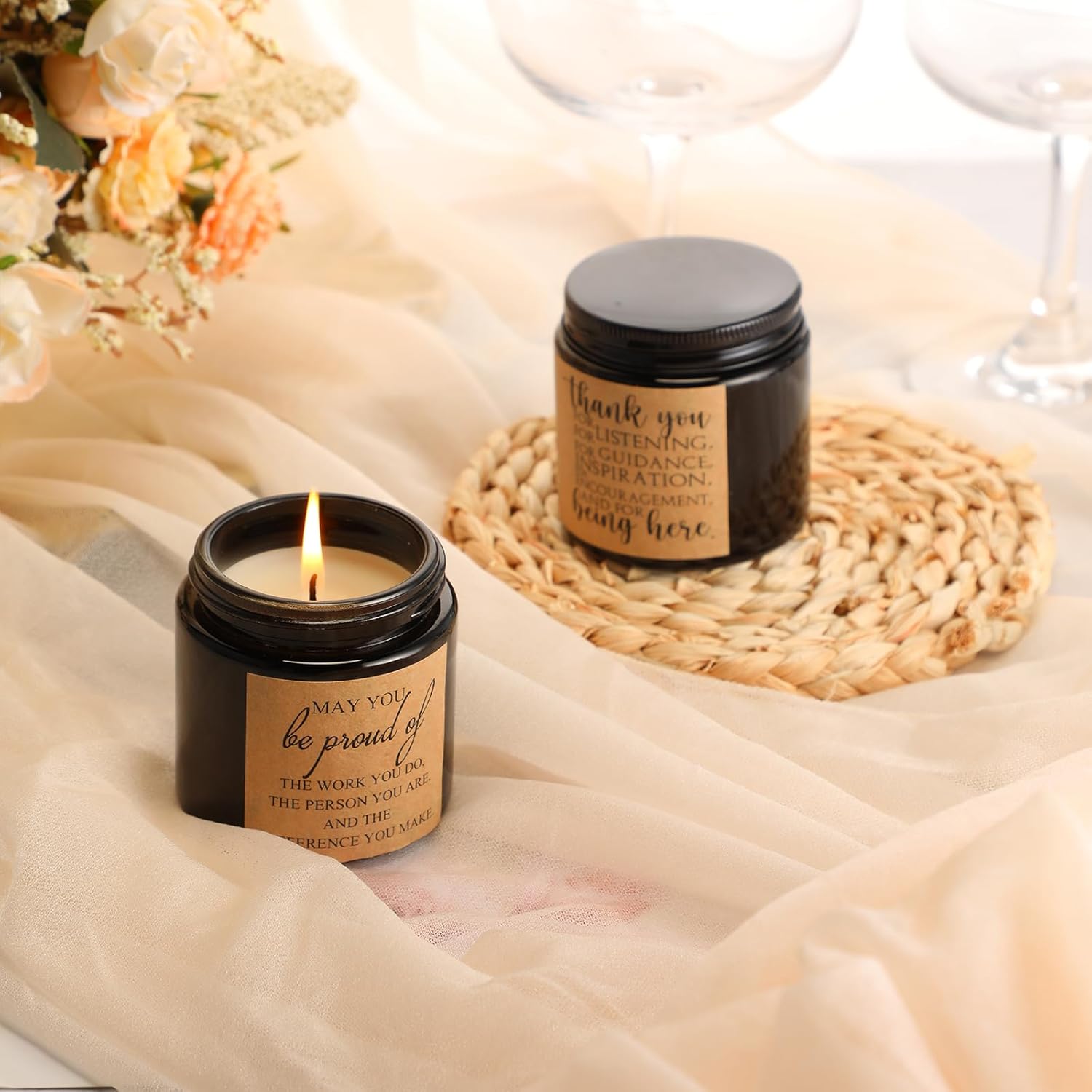 Roowest 10 Jars Thank You Gift Candles 3.5 oz Employee Appreciation Gifts Bulk Soy Wax Jar Inspirational Candle Thank You for Coworkers Employee Women Teacher Volunteers(Black,Classic Style)