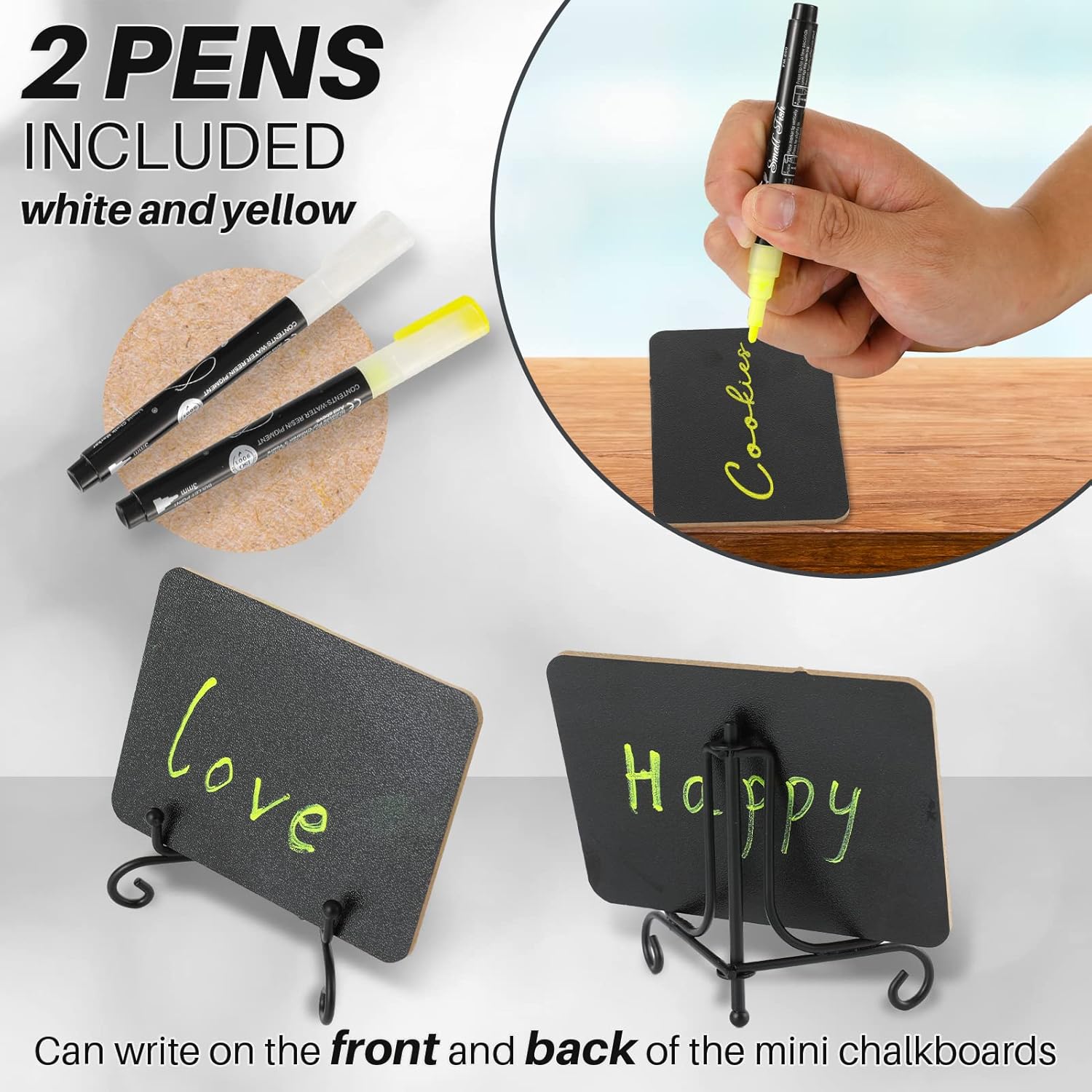 Mini Chalkboard Signs for Food Labels for Party Buffet, Small Place Cards or Name Tags with Iron Stand for Chafing Dish, Mimosa Bar Supplies, Wedding Chalk Board Sign with 2 Pens, 18 Pack Black