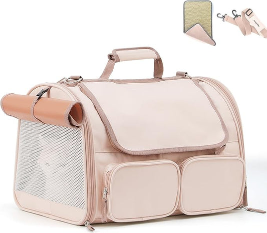 FUKUMARU Cat Carrier, 4 Mesh Windows Small Dog Carrier, 4 Storage Pockets Cat Travel Bag, Under 15 lb Airline Approved Pet Carrier, Rollable Cover for Nervous Cats, Pink-PawvioPets
