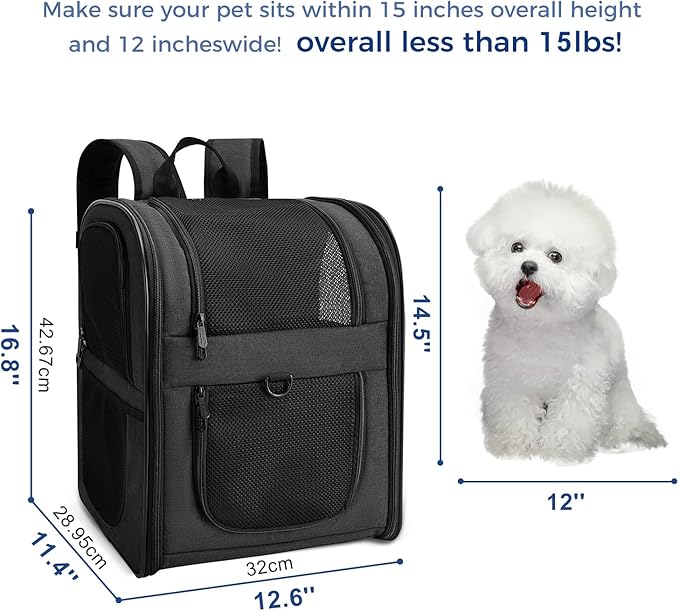 Apollo Walker Dog & Cat Carrier Backpack for 4-15lb Pets - Ventilated Safe Design with Padded Back Support, Breathable Mesh Pet Backpack for Hiking, Travel, Outdoor (Black)-PawvioPets