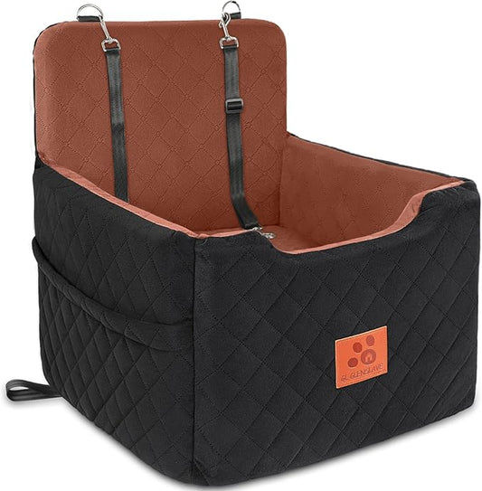 Dog Car Seat for Small/Medium Dogs Under 35lbs,Memory Foam Dog Booster Seats,Detachable and Washable Traval Pet Car Seat, Dogs Bed with 2 Safety Belts(Balck/Brown)-PawvioPets