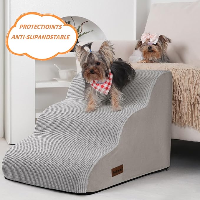 3-Step Dog Ramp and Stairs for Sofa and Chair - Non-Slip Sturdy Pet Steps for Small Dogs and Cats,15.7" H,Light Grey-PawvioPets
