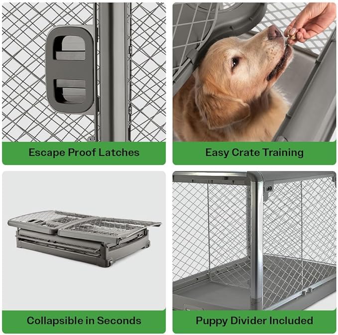 DIGGS Revol Collapsible Dog Crate with Wheels - Premium Portable Dog Crate - Safe, Stylish, and Convenient Indoor Kennel (Smoke, Large)-PawvioPets