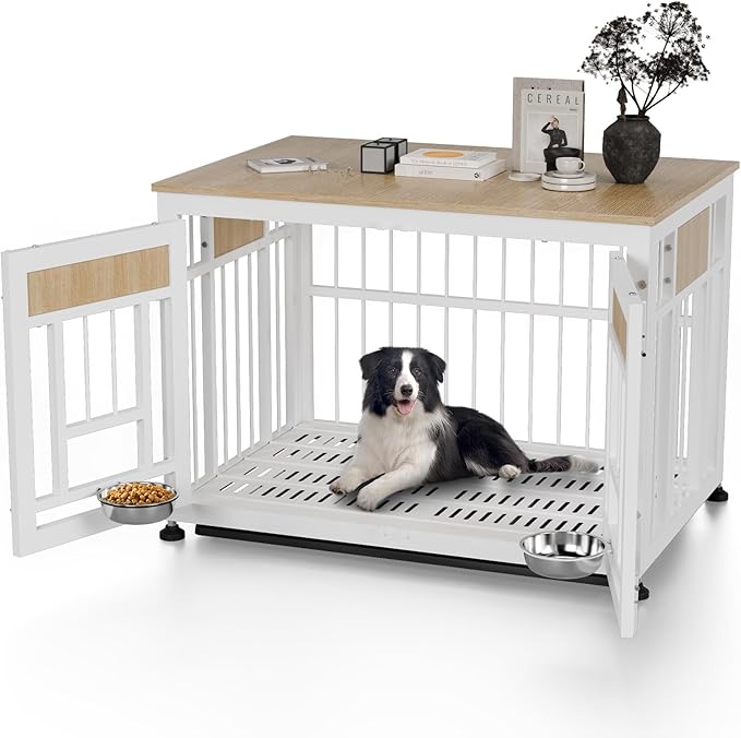 Dog Crate Furniture End Table, 38 Inch Hidden Kennel Cabinet with Removable Tray, Thickened Metal Frame Dog Cage, Dual-Purpose Pet House & Nightstand for Living Room-PawvioPets
