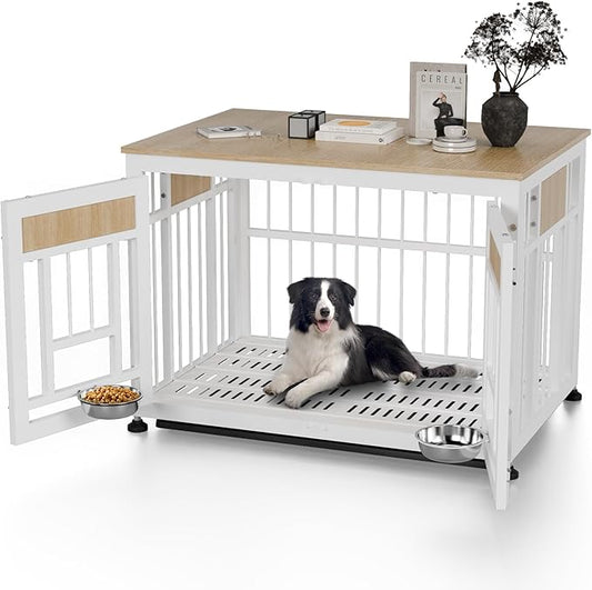 Dog Crate Furniture End Table, 38 Inch Hidden Kennel Cabinet with Removable Tray, Thickened Metal Frame Dog Cage, Dual-Purpose Pet House & Nightstand for Living Room-PawvioPets