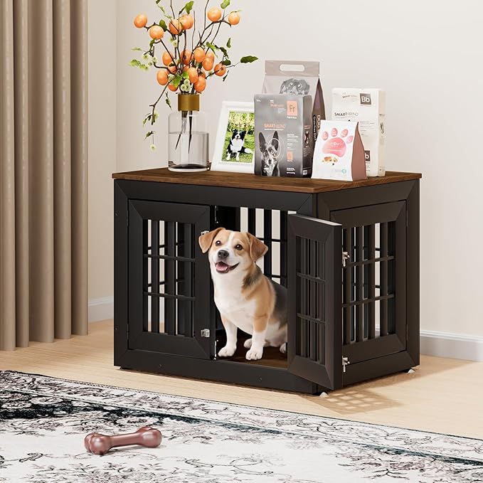 32" Heavy Duty Dog Crate Furniture for Small,Medium and Large Dogs,Rustic Wooden Dog Cage Kennel Indoor Furniture with Waterproof Top,Decorative Pet House Side End Table (Black & Wood)-PawvioPets