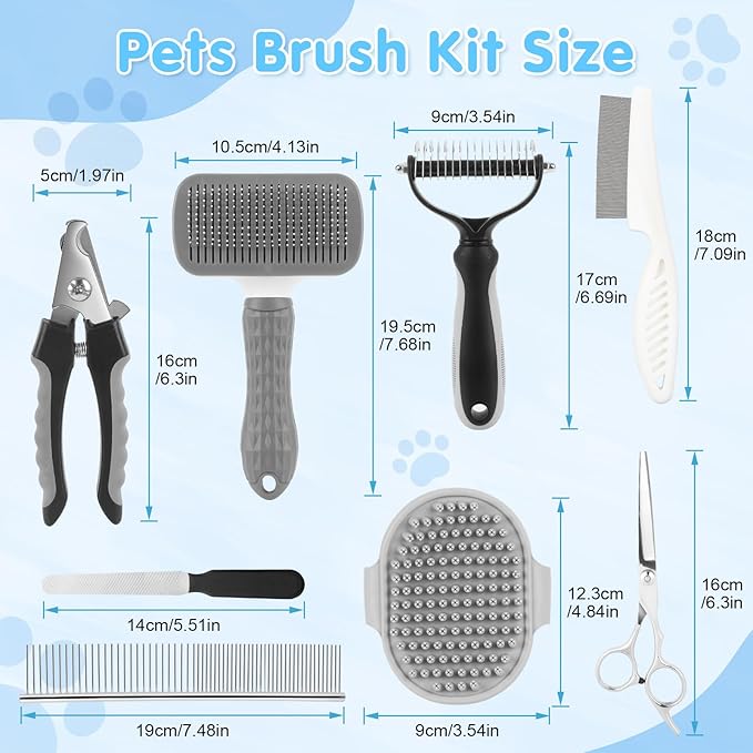 Cat Grooming Brush, 9PCS Dog Brush Kit with Pet Nail Clipper and File, Deshedding Brush for Cats, Cats Dog Shedding Brushs for Small Large Pets, Includes Flea Comb, Bath Brushs,Undercoat Rake (Grey)-PawvioPets