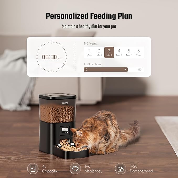 Espelho Automatic Cat Feeder- 4L Timed Cat Food Dispenser 1-6 Meals Control for Cat and Small Dog- Auto Pet Feeder with Desiccant Bag Keep Fresh for Reliable Easy Set Up and Clean- Voice Recorder-PawvioPets