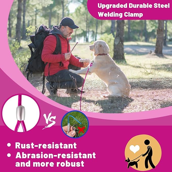 Dog Tie Out Cable 10/15/20/25/30 FT Runner for Yard Steel Wire Cable with Durable Superior Clips Pink Chains for Outside Dog Lead for Large Up to 165 Lbs-PawvioPets