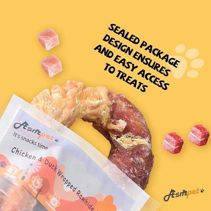 ASMPET Dog Treats Chews, Chicken & Duck Wrapped Rawhide Donuts Dental Care Chews for Small Medium Large Breed Aggressive Chewers (Pack of 4)-PawvioPets